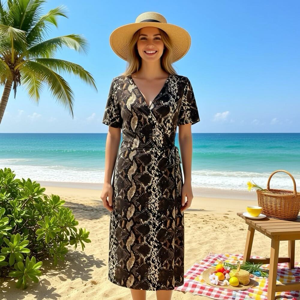 Y2K Women Dress L Midi Faux Wrap Snake Print Soft Stretch Minimalist Beach Sum